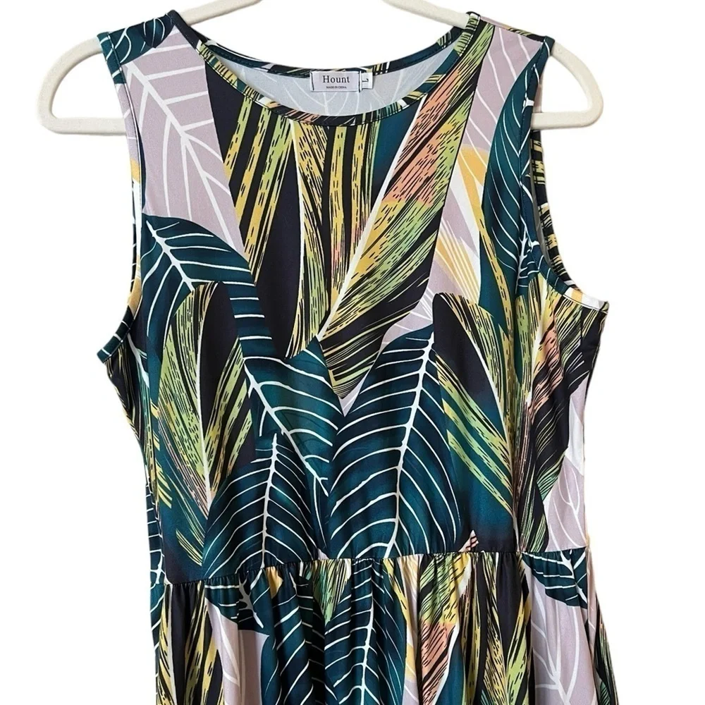 Hount Sleeveless Tropical Leaf Print Maxi Dress